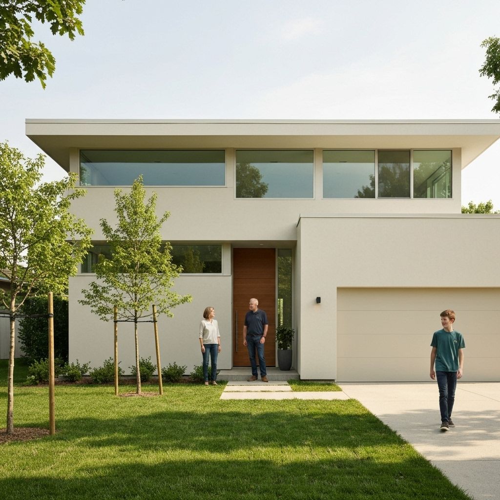 Modern home exterior with family